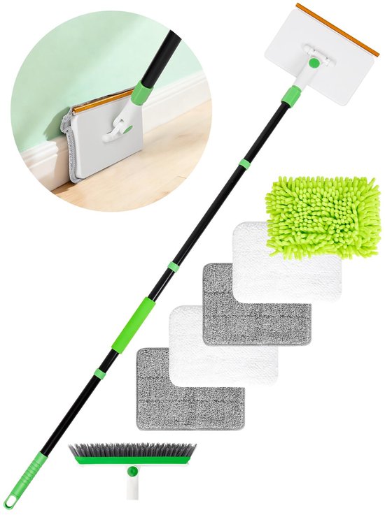 4-in-1 plintenreinigingsgereedschap met dweil, 5 herbruikbare pads, 1 harde borstel en tapijthark, tapijt, ramen, muren, vloeren, badkamers en keuken, bezem, plafond