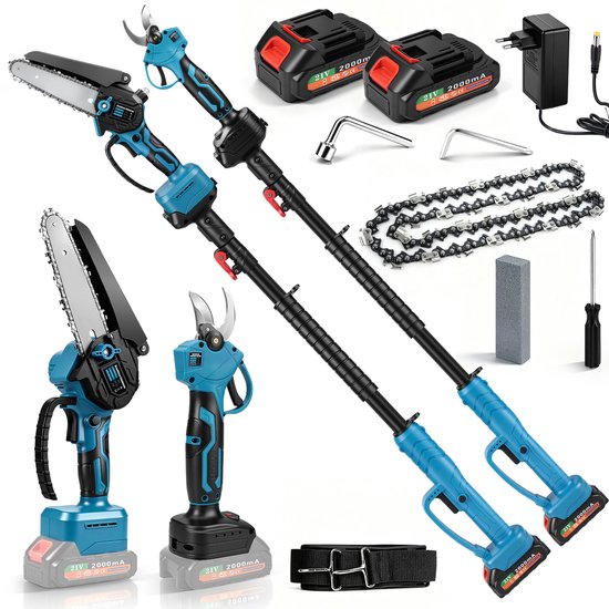 4-in-1 Telescopische Snoeischaar en 6 inch Kettingzaagset, 600W Borstelloze Motor, Auto-Oliër， Verlengstang 1.05m-1.7m Draadloze Elektrische Stoksnoeischaar Takkenschaar Tuinschaar Kettingzaag met 2x 2,0Ah Accu van Bomen en Fruitbomen Tuin