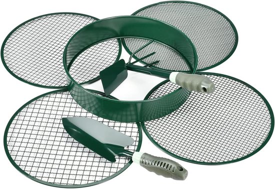 4-in-1 tuinzeef aarde grote zeef weerbestendig zeef, met 4 verwisselbare zeefinzetstukken Ø 3, 6, 9 en 12 mm + 2-delige tuingereedschapsset voor aarde, stenen, compost, zand enz. van Merkloos	