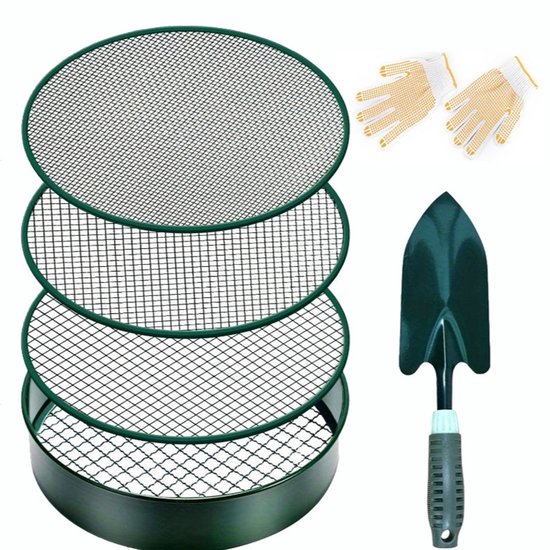4-in-1 Tuinzeef Set - met 4 Verwisselbare Zeefinserts - 30 cm Rond Metaal Zeef - Mazen 3mm/6mm/9mm/12mm - Grondzeef - Zandzeef - Compostzeef - Grondzeef voor in de tuin - Inclusief Gardenschop en Handschoenen - Voor Aarde, Compost en Zand van Merkloos	