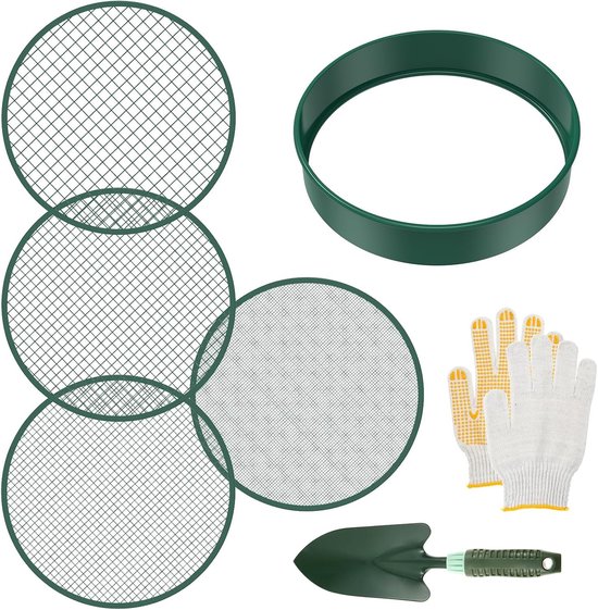 4-in-1 Tuinzeef Set - Met 4 Verwisselbare Zeefinserts - 30 cm Rond Zeef - Groen - IJzer - Mazen 3mm/6mm/9mm/12mm - Grondzeef - Zandzeef - Compostzeef - Grondzeef voor in de tuin - Inclusief Gardenschop en Handschoenen - Voor Aarde, Compost en Zand