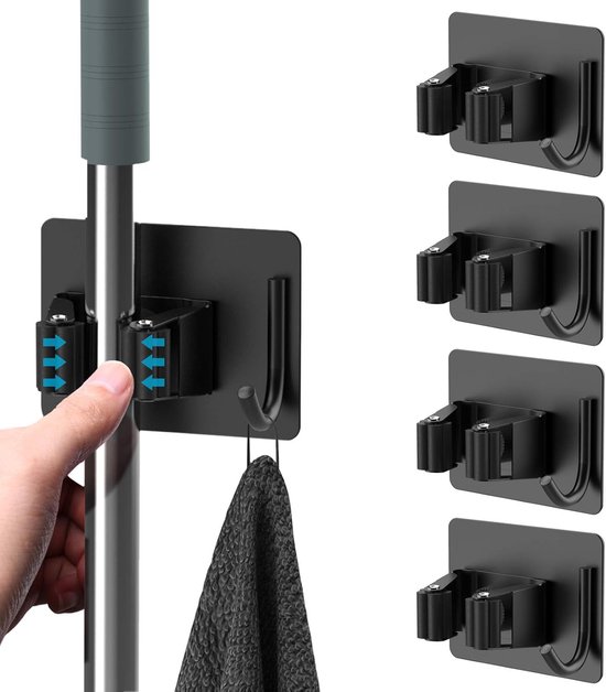 4-pack - zelfklevend bezemhouder - bezem ophangsysteem - boorvrije dweil bezemhouder - robuuste wandgemonteerde dweil bezem organizer met haken - zwart van Merkloos	