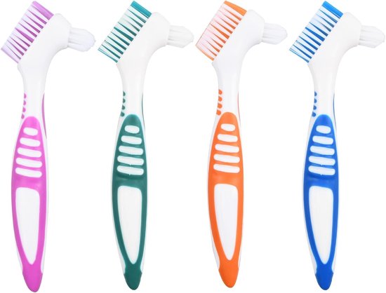 4 Pcs Tandborstels - Kunstgebitten - Reinigingsborstel - Zachte Borstelharen - Dubbele Hoofd Tandborstels voor het Schoonmaken van Kunstgebitten van Merkloos	