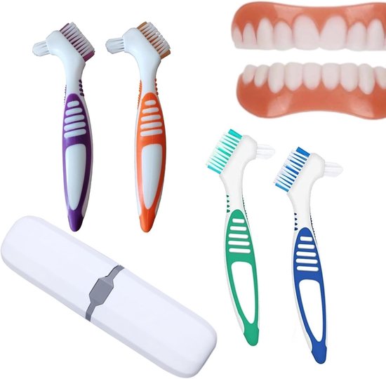 4 Pcs Tandprothese Reinigingsborstels - Harde Borstels voor Tandprotheses - Draagbare Tandprothese Reinigingsborstels met Reisdoos voor Tandprothese Onderhoud en Schoonmaak van Merkloos	
