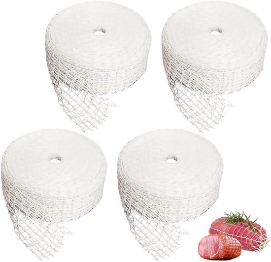 4 Rollen Elastisch Vleesnet - Wit Rolbraadsnet - 1m x 9cm Vleesnet - Braadnet - Katoen Rooknet - Duurzame Katoenen Barbecue Netto Rollen - Geschikt voor Het Bewaren van Ophangen - Bakken - Koken - Ham - Worst van Merkloos	
