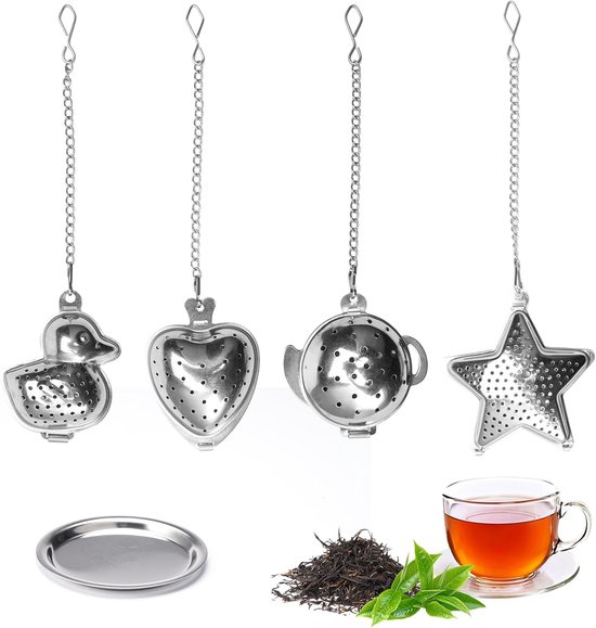4 stijlen roestvrij staal losse thee-ei met verlengde ketting - theefilter - kop - thee-infuser met palet - kleine theezeef voor losse thee - hart theekan ster theefilter voor het oplossen van thee - voor thee drinken - thee accessoires van Merkloos	