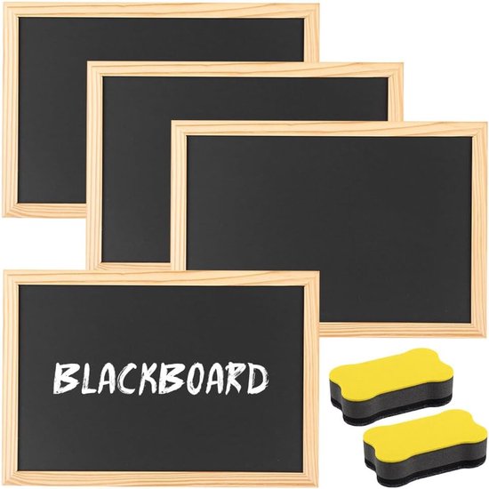 4 stuks A4 krijtbord met houten frame sets - houten leisteen bord om te beschrijven - krijtborden van hout - klein krijtbord met 2 sponzen voor kinderen - bruiloft - memo - feest - school - creatieve decoratie - schrijfaccessoires van Clayre & Eef