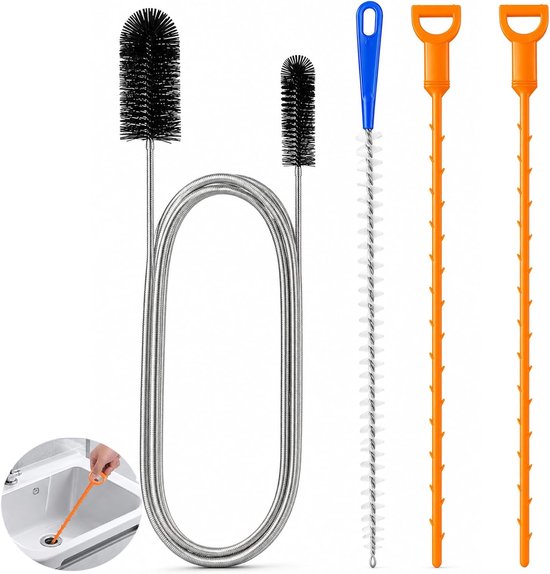 4 stuks afvoerreiniger, spiraal, dubbele kop, buisreinigingsborstel, roestvrij staal, kanaalreinigingsset, flexibele afvoerborstel met reinigingsstaven voor keuken, douche, wastafel, badkamer en