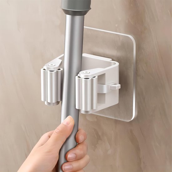 4 Stuks Bezemhouder Wandmontage Zonder Boren - Zelfklevende Dweilhouder en Mop Houder - Sterke Muurhaak voor Badkamer Keuken Garage - Waterdichte Schoonmaak Organizer - 7x7x4,5 cm