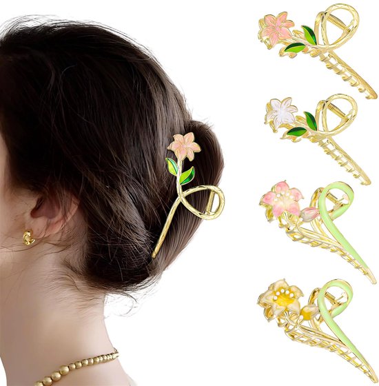 4 stuks bloem metalen haarclips, grote gouden haarklauwen vrouwen meisjes, antislip decoratieve haarklauwclips voor dik dun haar, Lily Gardenia