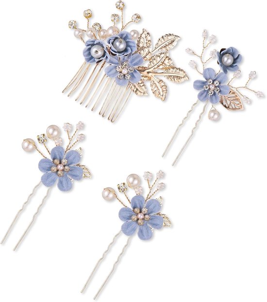 4 stuks bruiloft haaraccessoires, blauw met parels en bloemen voor bruid, bruidsmeisjes, communie, gala en feest van Merkloos	
