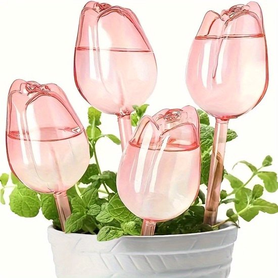 4 stuks creatieve bloemvormige zelfwaterende bollen voor binnen-Tulpvormige zelfbewaterende bal -en buitenplanten – 20x6,5 cm PVC automatische druppelirrigatiebollen voor op vakantie (Champagne)