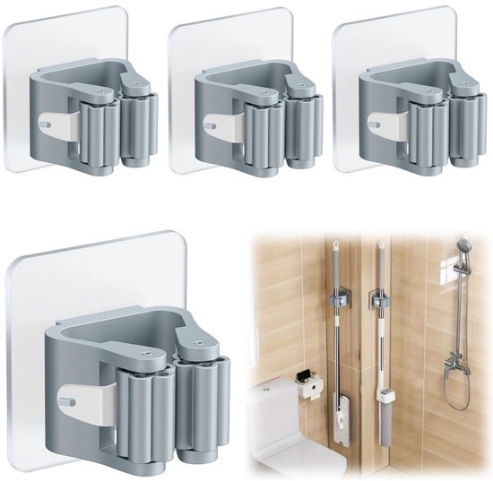 4-stuks dweilhouders - Bezemhouders - Opbergclip voor dweil - Zelfklevend ophangrek - Ophangsysteem - Verstelbaar wandrek - Geschikt voor badkamers, keukens en tuinen (6*5 cm - Grijs)