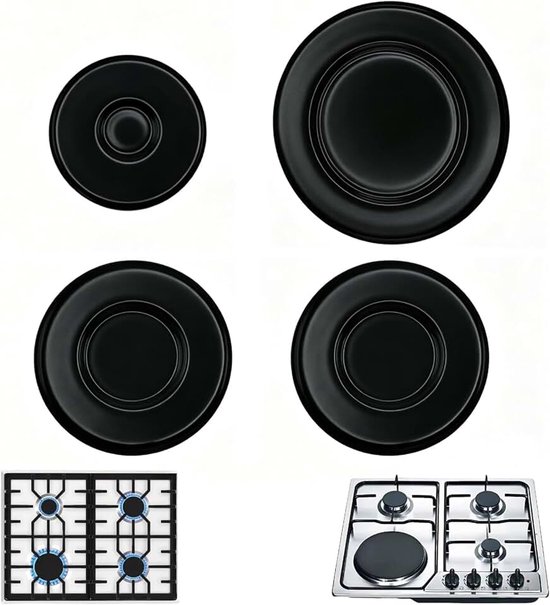 4 stuks gasfornuisafdekkingen voor branders, universele afdekkappen van metaal, geschikt voor 55 mm, 75 mm en 100 mm (concaaf), ideaal voor keuken, bescherming tegen vuil (zwart)