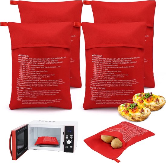 4 stuks herbruikbare aardappelkookzakken - 18,5 x 25,5 cm - magnetron-aardappelzak - wasbaar - ideaal voor maïs - brood - zoete aardappelen
