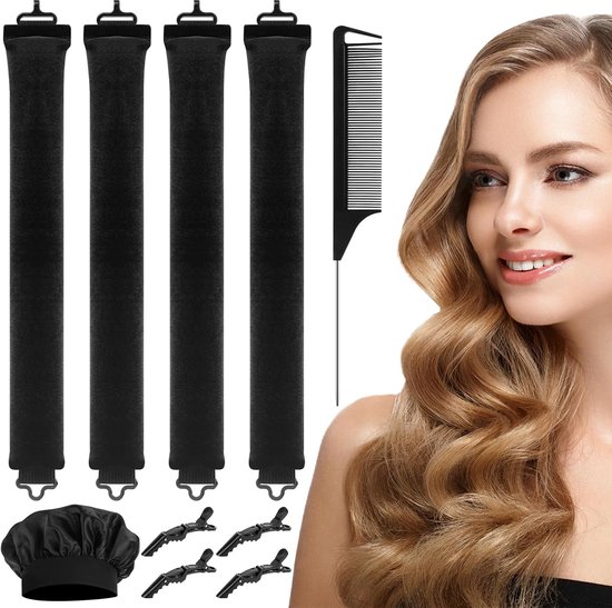 4 stuks krulspelden 's nachts - doe-het-zelf hittevrije krulband - rubberen haarkrullen zonder hitte met haken - overnight blowout met haarkappen voor alle haartypes - zwart van Merkloos	
