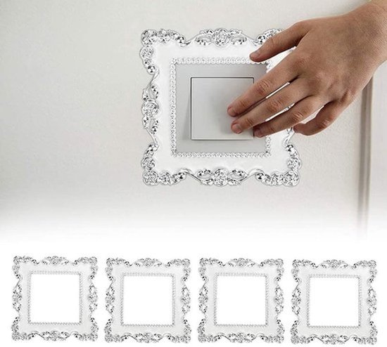 4 stuks lichtschakelaarstickers, luxe stickers voor schakelaar, 155 mm/86 mm, stickers, luxe bloemen, muurstickers, surround stickers, cover, zilver, muur, woondecoratie, wit
