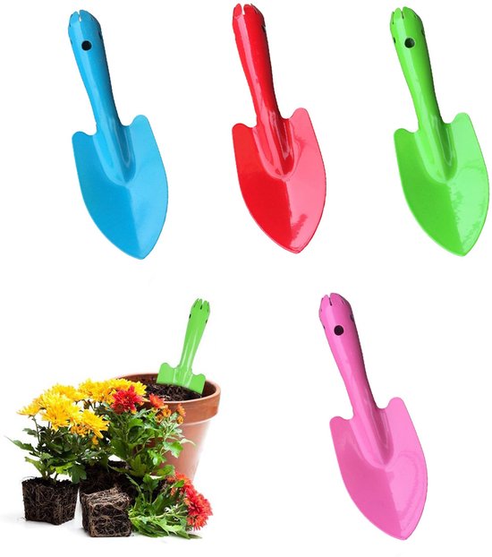 4-stuks Metalen tuinschep - Tuinschep - Minischepset - Kleine metalen schep - Zandschep - Ophangbaar - Gemakkelijk vast te houden - 20x6,5 cm - Geschikt voor het planten, graven en verplanten van bloemen in de grond - Rood, blauw, groen, roze van Merkloos	