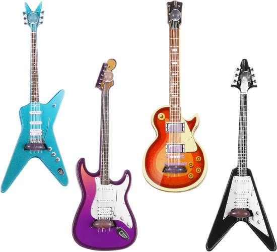 4 stuks mini-kindergitaar, opblaasbare simulatiedecoraties, hout op schaal 1:12, kleurrijke gitaren voor kinderen, voor mini-muziekkamer, woondecoratie (paars, blauw, bruin, zwart) van Merkloos	