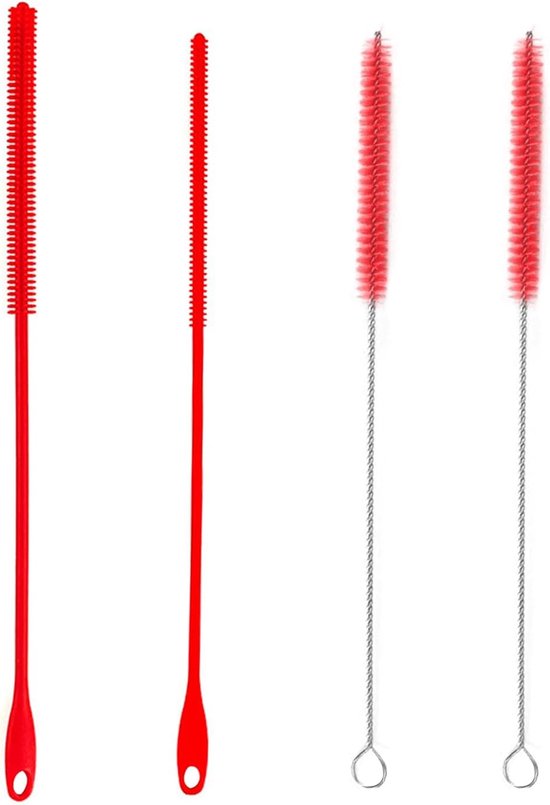 4 stuks rietjesreinigingsborstels, stroreiniger, roestvrijstalen borstelreiniger, siliconen rietjesreinigingsborstel, grasborstelreiniger, waterflesreiniger (rood)