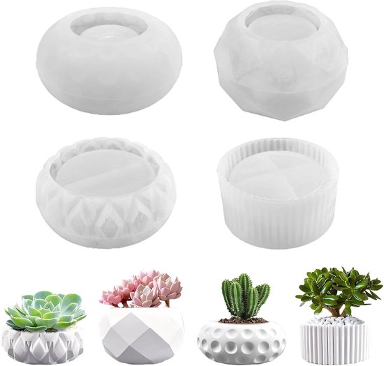 4 stuks siliconen vorm voor vetplanten, cactus, bloempot, betonvorm, vaas, knutselbeton, doe-het-zelf bloempot, siliconen vorm, vaas, gietvormen voor vetplanten, harsvormen, epoxyharsvormen, decoratie van Merkloos	