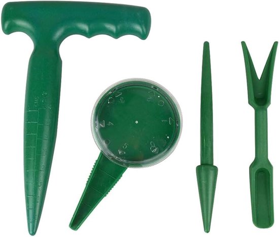 4 stuks tuingereedschap - kunststof plantenbak - zaaddispenser - transplanter - plantenboor - groen voor plantenset - tuinvermeerdering - plantengereedschap van Merkloos	