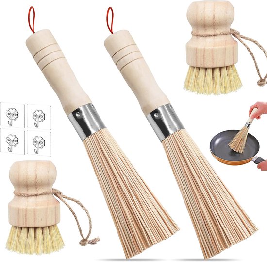 4 stuks wokborstels bamboe set, paddenstoelborstel, bamboe wok met koordborstel voor het reinigen van potten, pannen, borden en bestek met 4 haken (twee stijlen)