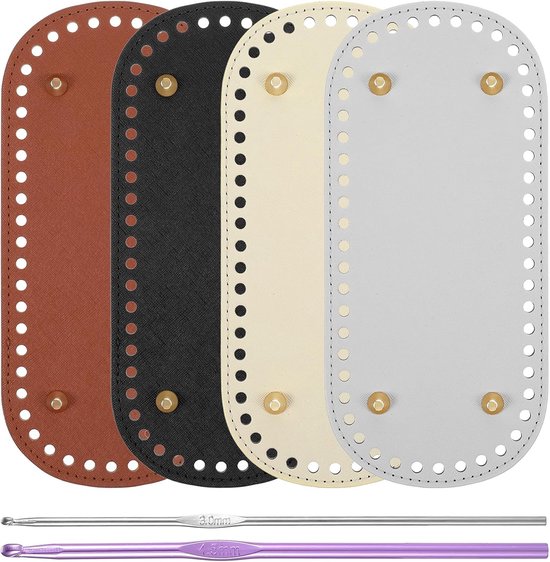 4 stuks zakbodem om te haken - met 2 haaknaalden - 22 x 10 cm zakbodem - PU-leer ovaal - voorgestanste zak - bases voor gehaakt - kunstleren vloer voor tassen - haken en doe-het-zelf breitassen van Merkloos	