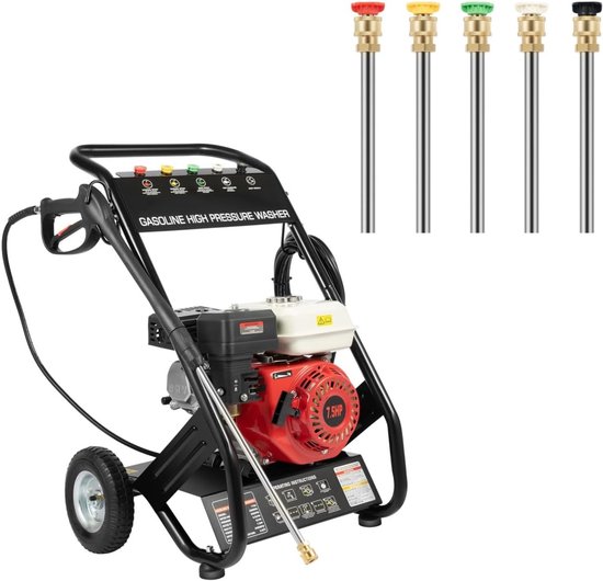 4-takt hogedrukreiniger op benzine, 7,5 pk, mobiele drukreiniger, huidpression, benzine-reinigingsmachine met 5 opzetstukken, terrasreiniger, 170-190 bar
