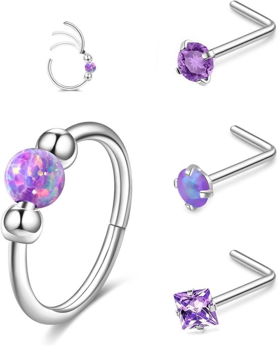 4-teiliges Nasenring-Set - Stainless Steel - Hypoallergenic L-Shaped 20-G Nose Pins - Purple Opal - Kleine Silber Hinge Rings - Violet - Voor Mannen en Vrouwen van Merkloos	