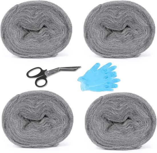 4 x (4.6 m/each) steel wool 000, lalago steel wool fine 0000, mouse protection, iron straw 000, glass wool, steel wool 000, steel wool 000, gloves and scissors free van Merkloos	
