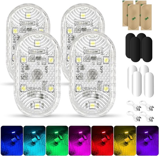 4 x LED-touch-verlichting voor de auto - binnenverlichting - USB - mobiel - oplaadbaar - RGB - verstelbaar - 7 kleuren - draadloos - multifunctioneel - autoverlichting van Merkloos	