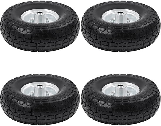 4 x PU-wiel, steekwagenwiel, diameter x B 255 x 80 mm, 4,10/3,50-4, 16 mm asbanden, lekvrij, slijtvast, reservewiel voor bolderkar, kruiwagenbanden van Merkloos	