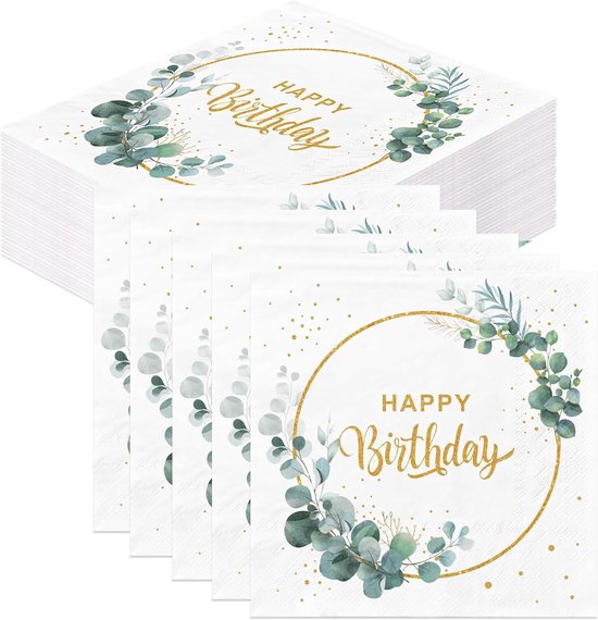 40 napkins - Happy Birthday - 17 x 17 cm - ronde eucalyptus - eucalyptus groene verjaardag - servetten techniek - tafeldecoratie verjaardag - tafelversiering van Merkloos	