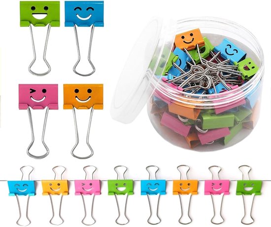 40 Pcs Vouwbare Achterste Haken - 19 mm Vouwbare Clips - Papieren Clips met Schattige Glimlachende Clips - Assortiment Kleuren - Kleurrijke Documentclips voor Kantoorbenodigdheden en Notities van Merkloos	