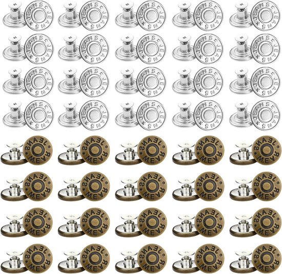 40 Stuks Jeans Knopen voor het Vervangen van Missende Knopen of het Verstellen van Riemen - Detachabele Metalen Drukknopen voor Jeans, Jassen en Tassen (20 Zilver en 20 Koper) van Merkloos	