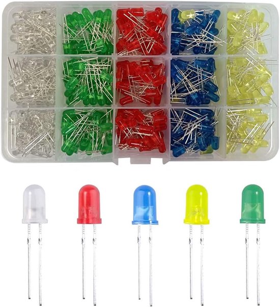 400 Stuks 5mm LED Diodekit - 2-Pins Lichtgevende Diodes - Geassorteerde Kleuren Diodes Weerstanden Kit - LED Lamp met Ronde Kop - Wit/Groen/Rood/Blauw/Geel van Edisoniteit