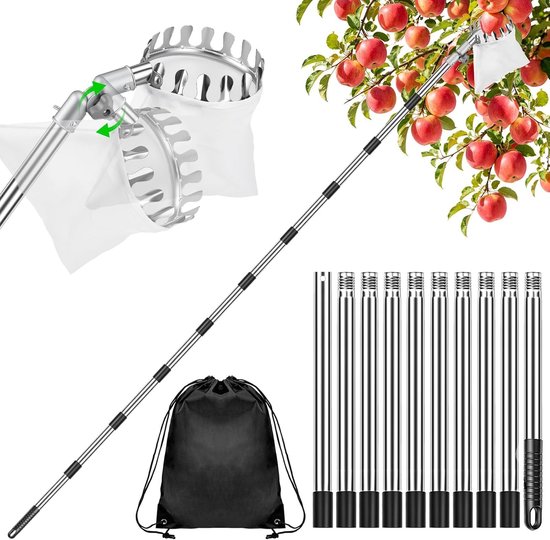 4,2 m fruitplukker met telescoopsteel, 360 graden rotatie, appelplukker, fruitplukker, extra dikke zak, verstelbare pruimenplukker voor kersenpruimen, telescopische steel roestvrij staal