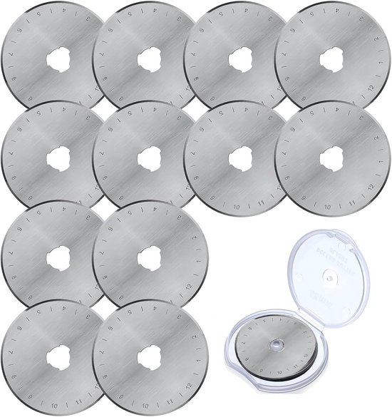 45 mm rolsnijder - reservemessen - roestvrij stalen lemmet - rolmes voor quilten - ronde messen - met opbergkoffer - papier - stof - scrapbooking - stofsnijder - naaien - 12 stuks - creatieve hobby's - naaiprojecten van Merkloos	