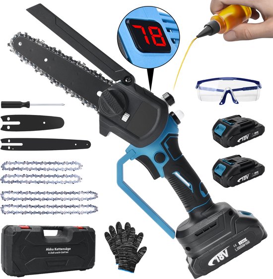 450W Accu Kettingzaag 6 + 8 inch 4000 mAh Auto-Oliër 12m/s 22500RPM Borstelloze EC Motor Veiligheidsslot Mini Elektrisch handkettingzaag Compatibel met Makita 18V Accu Voor Tuin Boomsnoeien Hout