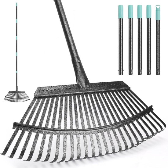 48cm Wide Heavy Duty Leaf Rake with 25 Metal Teeth and 6FT Adjustable Handle for Garden Lawn Shrub Leaves