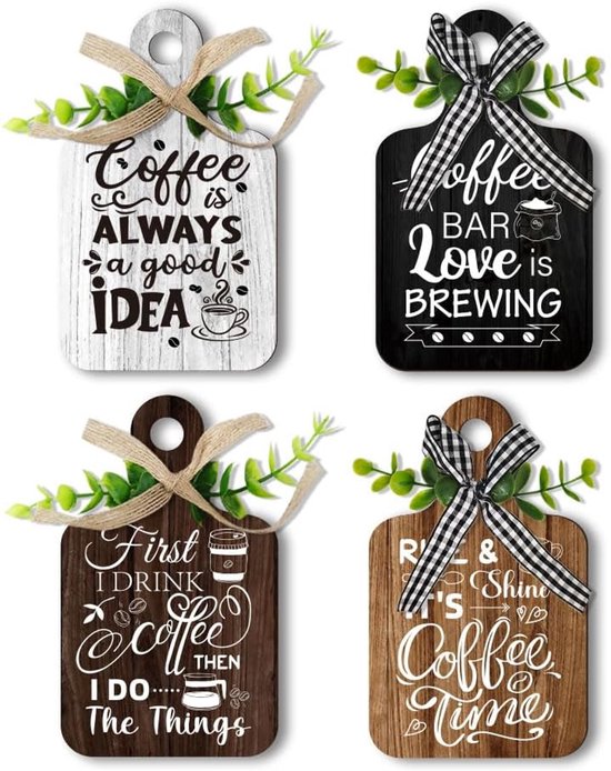 4pcs Coffee Sign - Coffee Bar Decor - Wooden Sign for Coffee Station - Coffee Table Sign - Rustic Style Mini Wooden Plaque - Coffee Wall Art - Coffee Lover Home Kitchen Accessories 5.9 x van Merkloos	