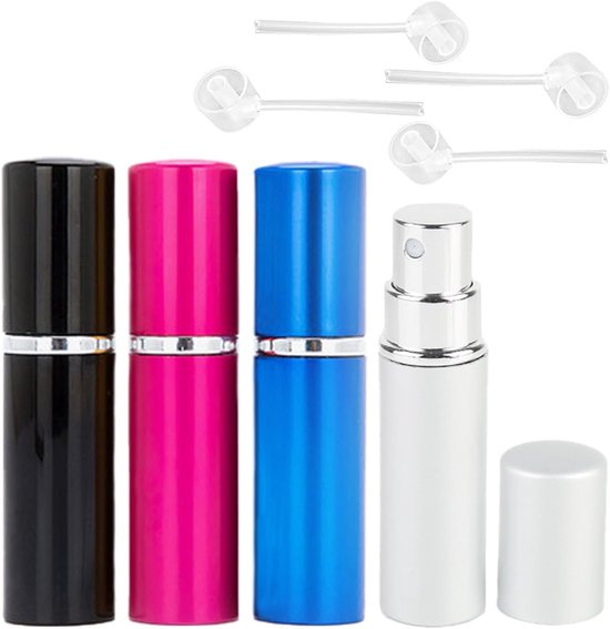 4pcs Perfume Atomizer Bottles 10ml - Refillable Travel Aftershave Dispenser - Mini Underfill Empty Travel Bottle voor Pocket Luggage (Black+White+Rose Red+Silver) van Merkloos	