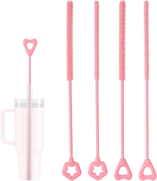 4st Siliconen Rietje Reiniger Borstel, 6mm + 9mm Herbruikbare Extra-Lange Reinigingsborstel voor 8mm en 10mm Metalen & Glazen Rietjes Vaatwasserbestendig (Roze, Ster & Hart)