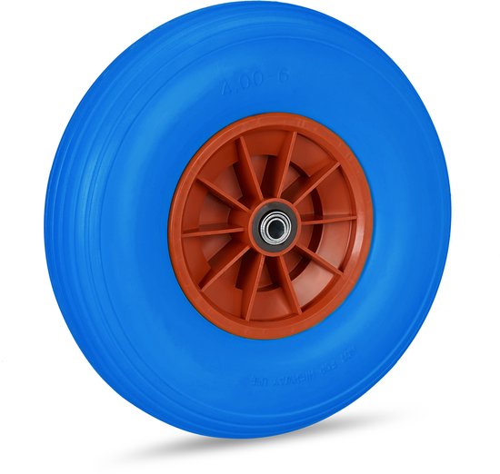 4x kruiwagenwiel 4.00-6 - volrubber - anti lek PU reservewiel - adapters blauw