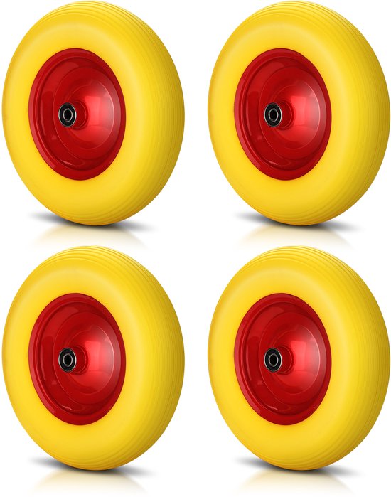 4x Kruiwagenwiel 4.80 / 4.00 - 8 PU plastic geel, Anti lek, plastic velg met rollager, Draagvermogen 200kg, asgat 20mm