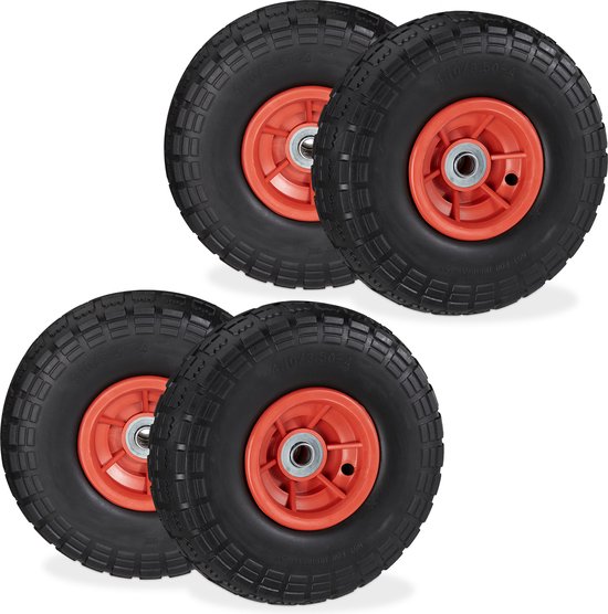 4x steekwagenwiel - anti-lek - 4.1/3.5-4 - rubber - reservewiel - zwart/rood van Merkloos	