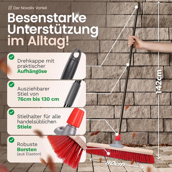 4x Straatbezems 80 cm I met steel I Elaston rood I Telescopische steel I Bezem voor buiten I Industriële bezem Tuinbezem Sneeuwbezem Universele bezem van Merkloos	