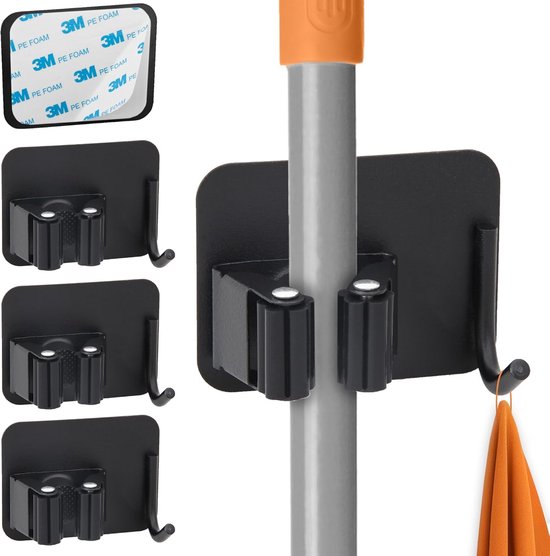 4x zelfklevende gereedschapshouder met borstelhouderhaken, wandmontage voor keuken, wasruimte, badkamer, universele snelbevestigingshouder zwart