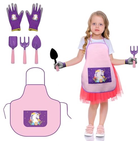 5-delig tuingereedschap voor kinderen - Eenhoorn tuinset met schort, handschoenen en speelgerei van Esschert Design
